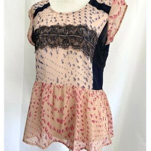 MAEVE  London Top Blouse Cap Sleeve Semi Sheer pink blue w/black lace, s…